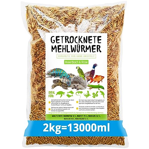 Meerbach & Rose Gusanos de harina secos, 2 kg (equivalente a 13 litros), gusanos de la harina secos, aperitivos ricos en proteínas para aves silvestres, peces, reptiles y roedores