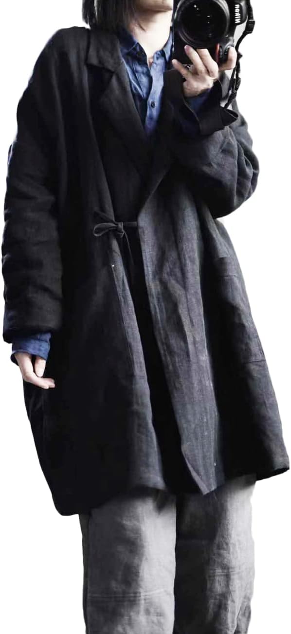 NFYM Women's Casual Linen Jacket Mid Length Lapel Blazer Open Front Long Sleeve Cardigan Black Trench Coat
