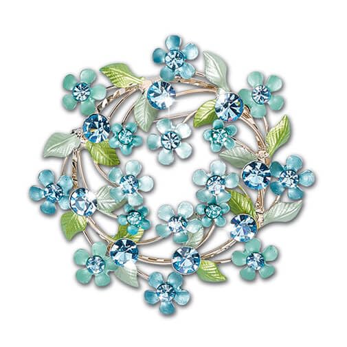 Image of Brass Stems Forget Me Nots Crystal Brooch Enameled Flowers and Leaves Birthday Present Pin Gift Box