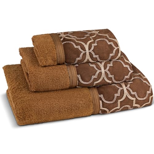 Zahari Home Spindle Modern Bathroom Towel Set - 3 Piece Bath, Hand, and Wash Towels - Classic Luxury Contemporary Decor - Beautiful Gold Unique Design Bath Ensemble