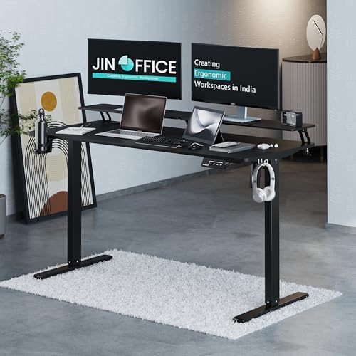 Image of JIN OFFICE Ascend Electric Height Adjustable Desk with Monitor Riser| Standing Desk with Cup Holder | 3 Year Warranty,80 KG Wt. Cap, Memory Presets| Sit Stand Ergonomic Desk 1400 * 600mm Black Top