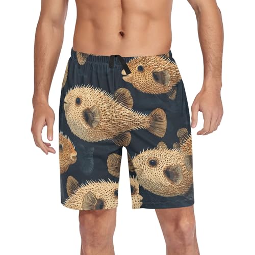 Men's Short Pajama Bottoms Puffer Fish Black Home Casual Sleep Pants4