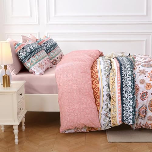 Image of MUXHOMO California King Comforter Set, Boho Elegant Floral Print Bed in a Bag 7 Pieces, Ultra Soft & Breathable Reversible Botanical Pattern Bedding Set with Comforter, Sheets, Pillowcases, and Shams