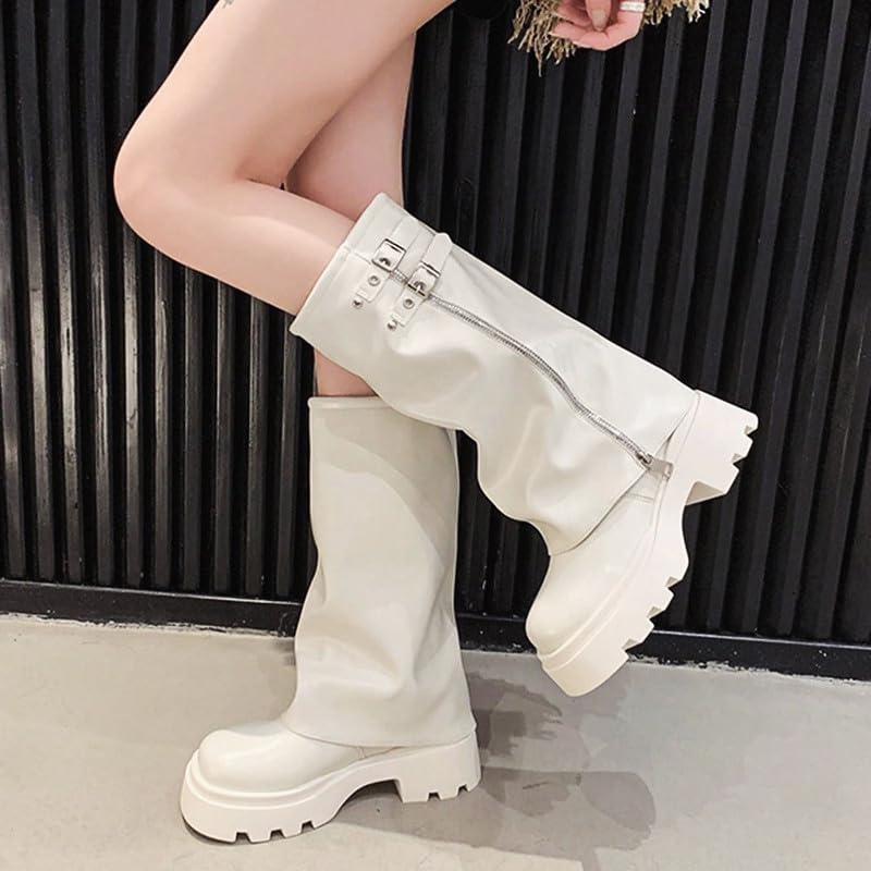 Image of MAVMAX Mid Calf Boots for Women Fold Over Zipper Buckle Riding Boot Black Wide Calf Platform Round Toe Chunky Low Heel Tall Boot Cowboy Biker Motorcycle Boots