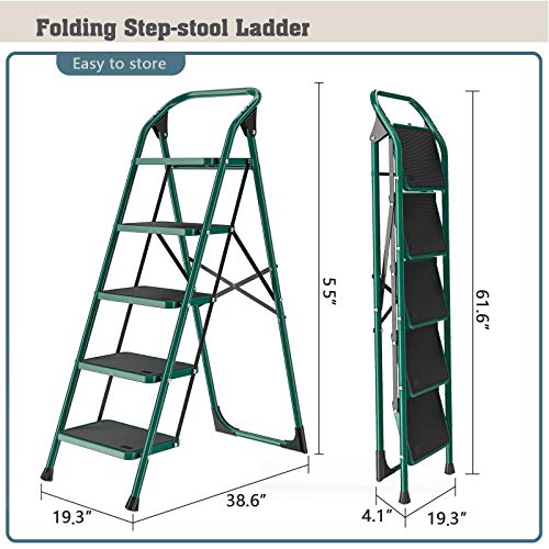 SUNCOO 5 Step Ladder, Folding Step Stool w/Non-Slip Rubber Feet, 330lbs Load Sturdy Steel Foldable Ladders, Lightweight Portable Stool Stairs, Multi-use Ladder Stand for Household and Office