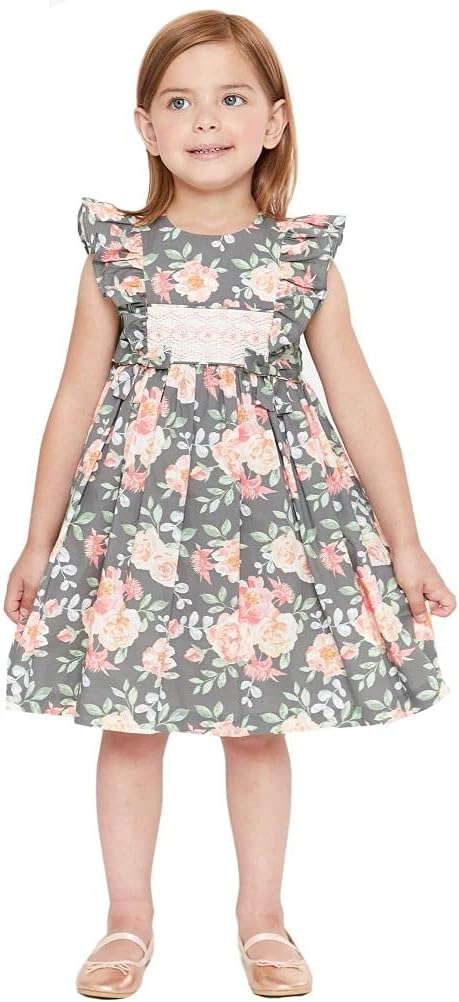 Bonnie Jean Girl's Thanksgiving Dress - Smocked Grey Floral for Baby Toddler and Little Girls
