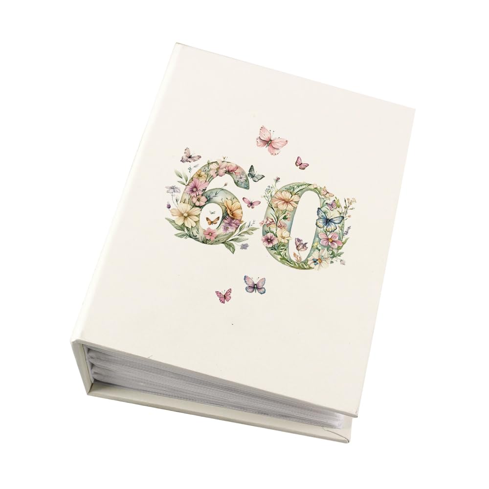 Ukgiftstoreonline Photo Album for 60th Birthday, Butterflies and Flowers Theme, Holds 100 6x4 Photographs, Multicolour, 16.7x12.5cm
