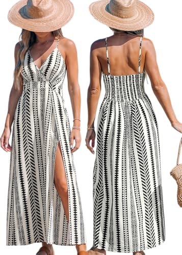 Image of CUPSHE Women Halter Backless Summer Dresses Spaghetti Strap Side Slit Casual Beach Sundress Holiday Vacation Maxi Dress