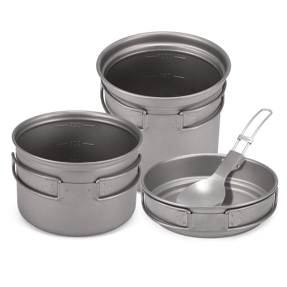 Cocoarm Camping-Titan-Kochgeschirr-Set, Leichtes Titan-Camping-Kochgeschirr, 1000 Ml Topf, 750 Ml Topf, Pfanne, Löffel für Outdoor-Wanderungen, Rucksackreisen