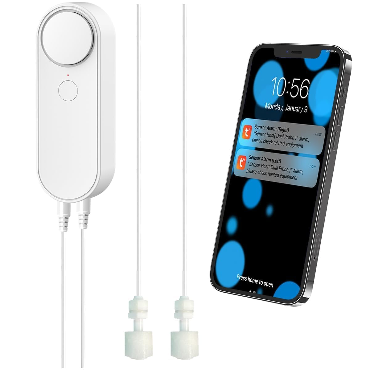 WiFi Water Level Detector with Dual Probe, Smart High/Low Water Level Sensor Alarms, Detached 16.4FT Detection Line, Left and Right Dual Alarms, Remote App Monitoring, Dual Alerts, AAA Battery Powered-image-0
