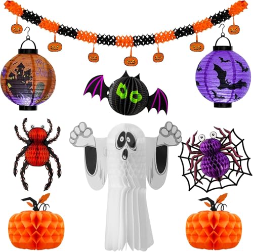 WinTS 9 Pcs Paper Lanterns,Halloween Hanging Garland Banner,3D Fold up Spider,Bat,Pumpkin Honeycomb Balls Hanging Decorations for Halloween Themed Parties,Home Decor,Windows,Fireplace