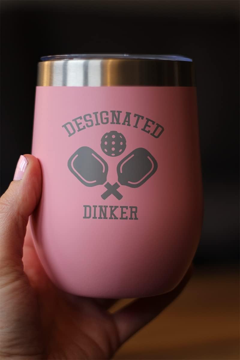 Bevvee Designated Dinker - Wine Tumbler Glass with Sliding Lid - Stainless Steel Insulated Mug - Funny Pickleball Themed Gifts and Decor - Pink - Image 3