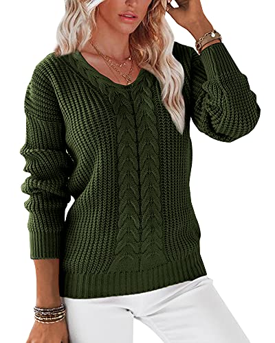 Shanfetl Women Sweaters Long Sleeve V Neck Solid Casual Knitted Pullover Tops Army Green
