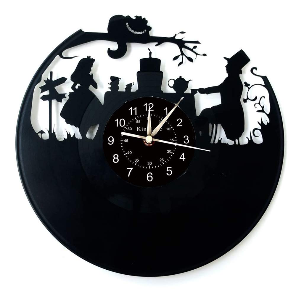 Smotly Black Vinyl Record Wall Clock, Cartoon Clock Alice In Wonderland Theme Gift Idea, Handmade Home Wall Clock