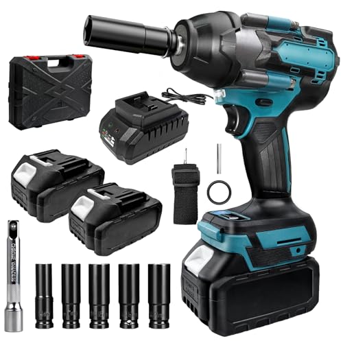 Discoball Llave de impacto inalámbrica, pistola de impacto de 1/2 pulgada, llave de impacto de alto par de torsión de 700 N.m con batería de 2 x 2.0 Ah, cargador rápido, 5 enchufes y funda de