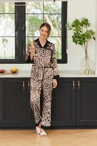 Ekouaer Silk Pajamas for Women Long Sleeve Satin Pajama Set Striped Leopard Print Pj Sets Button Down Loungewear Sleepwear2