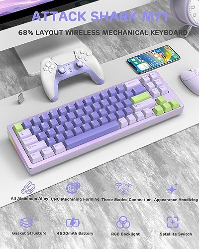 ATTACK SHARK M71 CNC Aluminum Custom Mechanical Gaming keyboard,Tri-Mode-BT5.0/2.4G Wireless/Wired,4600mAh Rechargable,68% Hotswap Gasket Mount,Poron Foam,14 Chroma RGB Lighting for MAC&WIN-Lavender - Image 2