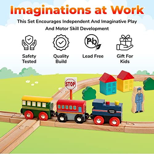 wooden train set 35 piece all in one wooden toy train tracks set with magnetic trains and railway accessories comes in a clear container compatible with all major brands