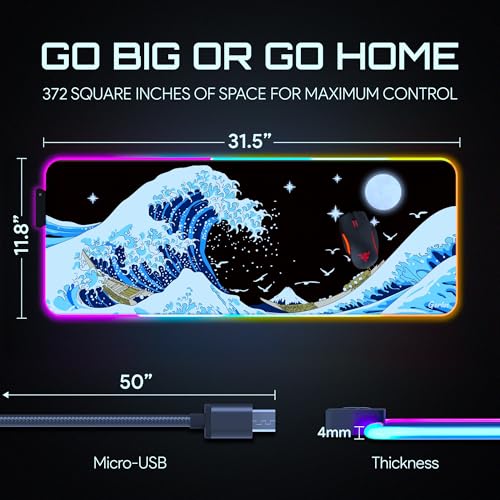 Image of Gerlos RGB Gaming Mouse Pad, Large LED Desk Mat, 31.5 x 11.8 Inch | 12 light modes, non-slip base, water-resistant surface, stitched edges