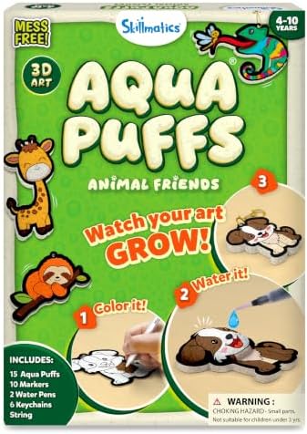 Skillmatics Aqua Puffs Animals, Paint by Number, Stocking Stuffer for Kids | DIY Puffy Keychains, Screen-Free, Mess-Free, Christmas Gift, Art & Craft Kit for Girls & Boys Ages 4, 5, 6, 7, 8, 9, 10