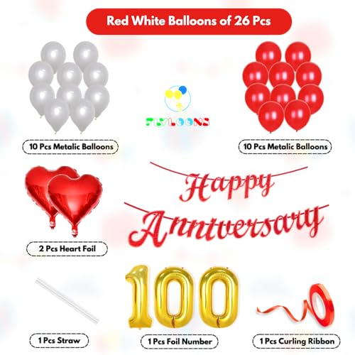 Image of Flyloons 100th Happy Anniversary Decoration Items Red White for Men Women Husband Wife Mom Dad Parent Couple Home Bedroom Car With 20 Pcs Metallic Balloons Anniversary Banner 2 Pcs Heart Set Kit