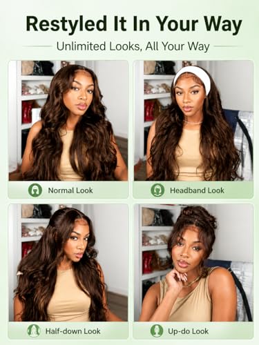 Image of KLAIYI Auburn Chestnut Brown Loose Body Wave Pre Everything Glueless 13x4 Lace Front Wigs Human Hair Drawstring Precut Lace Pre Plucked Bleached Ready to Wear and Go Wig with Face Framing Bang 26Inch