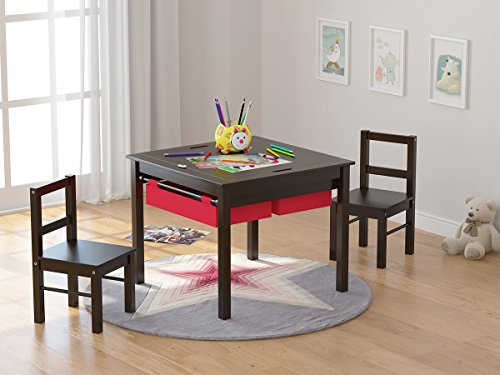 image for UTEX Wooden 2 in 1 Kids Construction Play Table and 2 Chairs Set with 