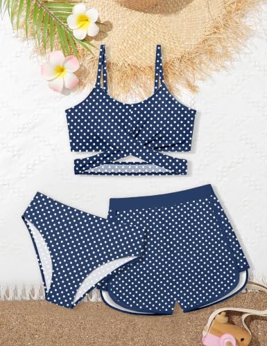 Image of Girls Swimsuit 3 Piece Bathing Suit Criss Cross Bikini Set Girls' Swimwear with Shorts 7-16T