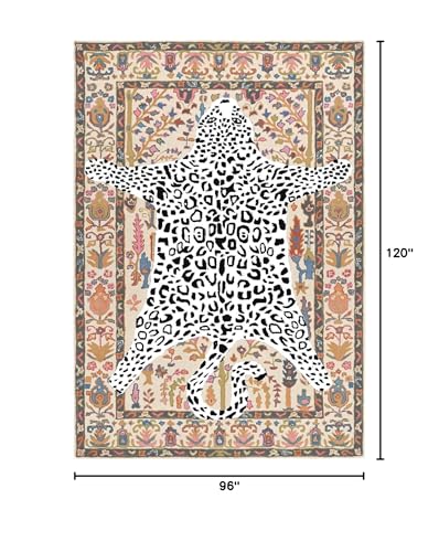 Image of Handmade Leopard Wool Area Rug with Traditional Oushak Motif - Animal Print Cheetah Rugs for Living Room, Bedroom, Dining Room | Plush Texture, Vintage Style Carpet (Ivory-White, 8' x 10')