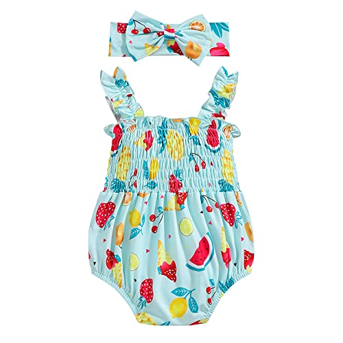 Image of Hopscotch Girls Polyester Fruit Print Bodysuit With Headband in Blue Color