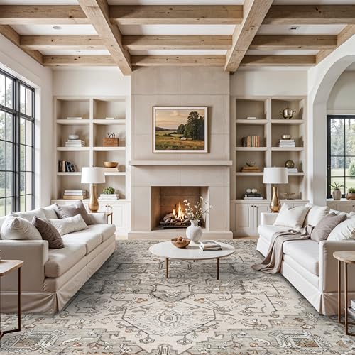RUUGME Washable 12x15 Area Rug - Large Vintage Area Rugs with Non Slip Backing Stain Resistant Carpet for Bedroom Dining Room Indoor Soft Carpets Home Decor Decoration Mat 12x15 Ivory
