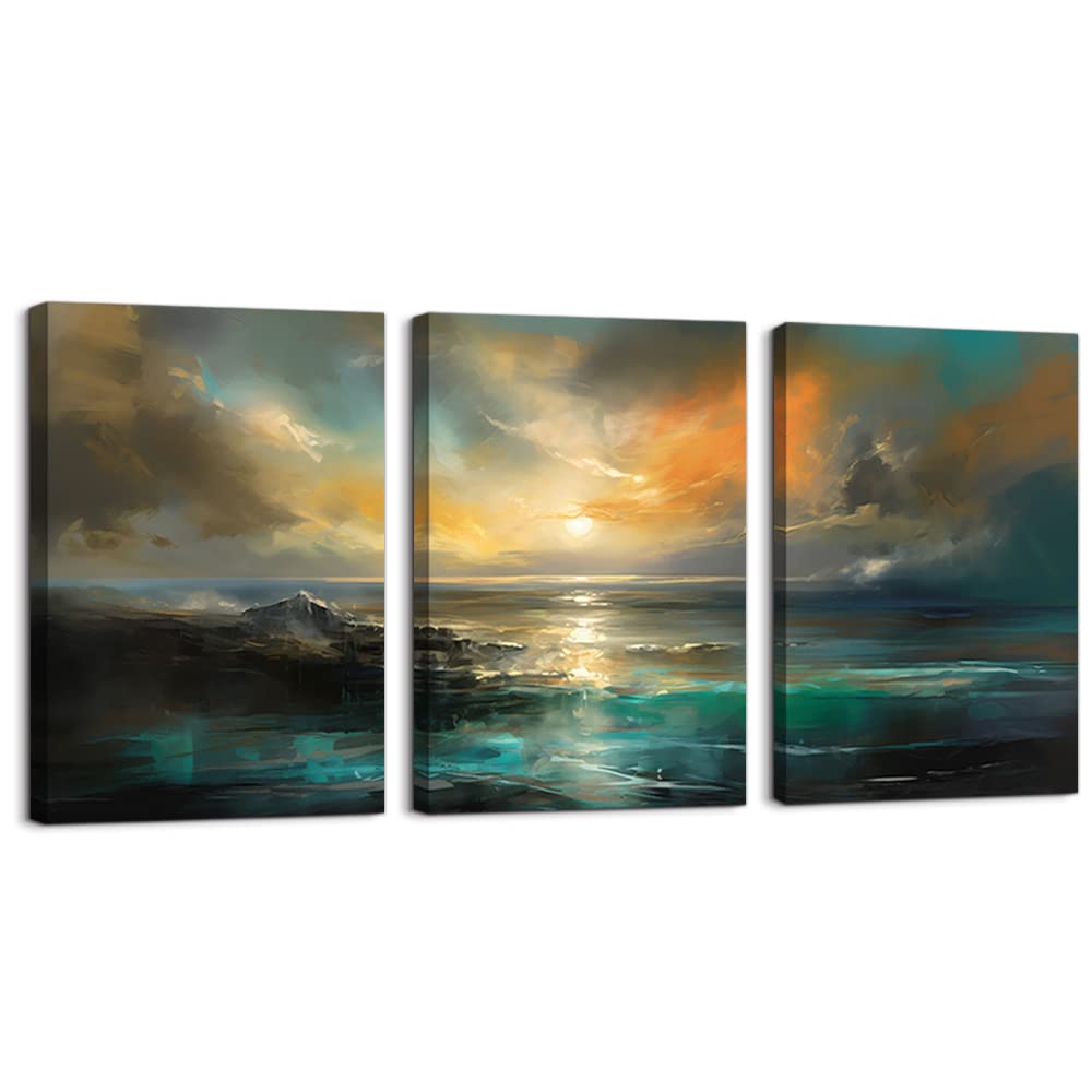 Piy Painting Set de 3 Cuadros en Lienzo Cuadro del Paisaje Marino Impresiones de Lienzo Arte Lienzos Decorativos Con marco incorporado para Sala de estar Cocina Dormitorio 30x40cm, Fácil de colgar