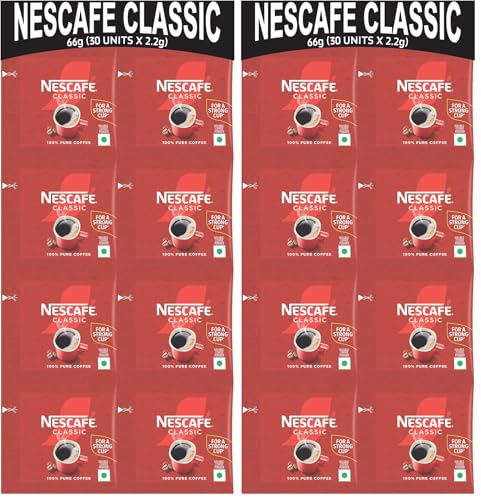 Image of NESCAFE Classic Instant Coffee Powder | Great start to your morning | 100% Pure Coffee | 66 g (30 units x 2.2 g each) Pack, Packet (Pack of 2)