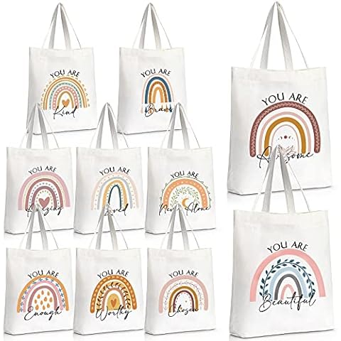 Sieral 10 Pcs Thank You Gifts Canvas Tote Bags Bulk for Coworkers Teacher Employee Inspirational Appreciation Tote Bag Gift Nurse Funny Tote Bags with Zipper Motivational Quotes(Rainbow) Cover