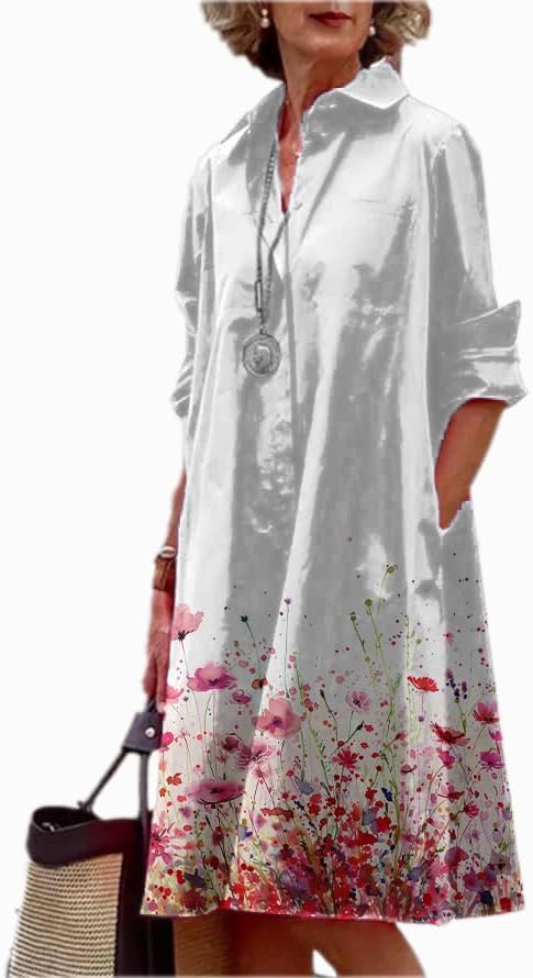 Shirt Dress for Women Floral Plus Size Long Sleeve Collared Button Down 2025 Summer Casual Midi Tunic Tshirt Dress
