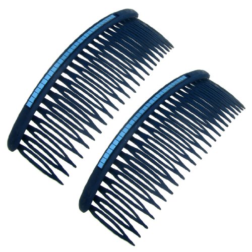 2 x Single Row Plastic Crystal Decor Black Comb Hair Pin Blue
