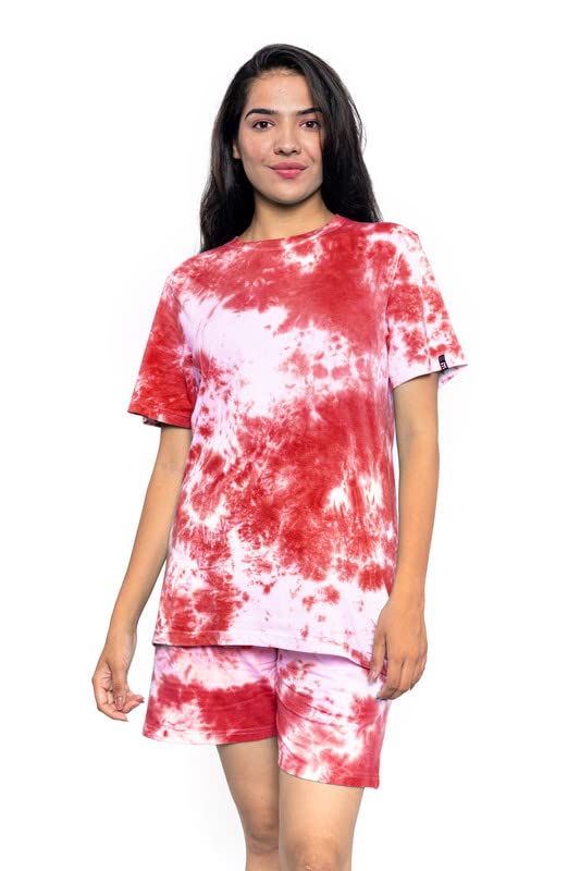 Image of EK RAG' Unisex Tie and dye & Solid Colours Half Sleeves Co - ords Set : Half Sleeve T-Shirt + Shorts Tie dye & Solid Colours For Men & Women