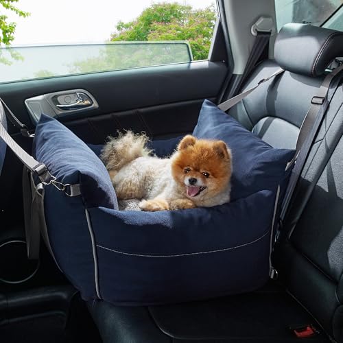 Lesure Hundesitz Auto kleine Hunde - wasserdichter und waschbarer Hunde Autositz mit Aufbewahrungstaschen, ansteckbarer Sicherheitsleine und verdickter Memory-Schaum-Füllung, 58x56x33cm, Navyblau