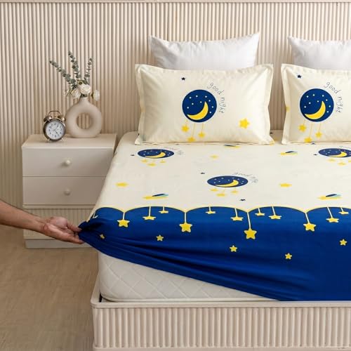 Image of Filymore Kids Good Night Elastic Fitted Bedsheet for Double Bed (72x72 inches), Pure Microfiber, 1 Bedsheet & 2 Pillow Covers, Fits Up to 6 inches. Double Bed Size. (White and Blue)