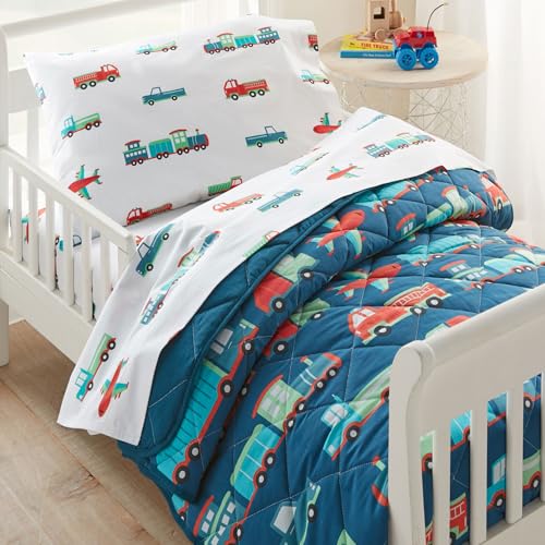 Image of Wildkin 4-Piece Toddler Bed in a Bag – Cotton Comforter, Sheets & Pillowcase for Cozy Cuddles - Transportation