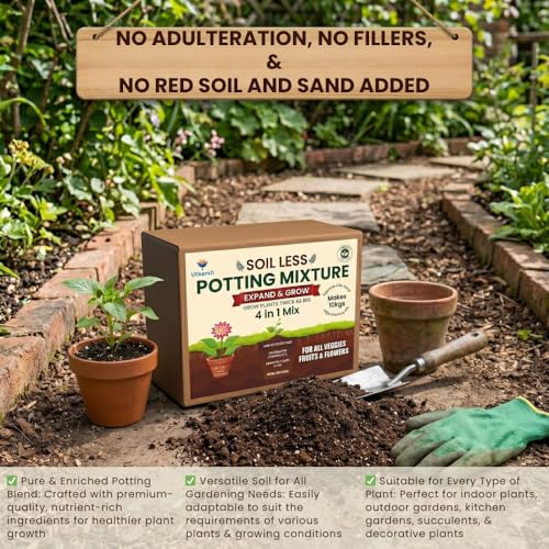 Image of Utkarsh 4-in-1 Soil Less Potting Mixture- Makes 10Kg Fluffy Soil for Plants Home Garden | 3.65Kg Dry Items- Cocopeat, Vermiculite, Neem Khad, Organic Compost - Potting Soil Mix for Plants