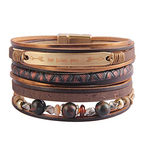 GelConnie Inspirational Leather Cuff Bracelets for Women Multi Strands Boho Bracelets Gold Plated Magnetic Bohemian Wrap Bracelet Jewelry LPB346-Brown
