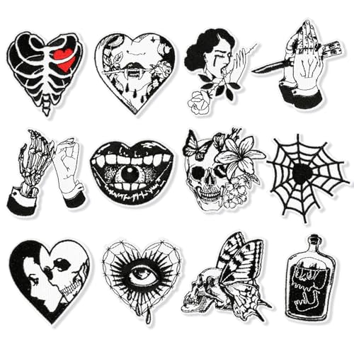 JSRQT 12 Piezas Parches Termoadhesivos, Apliques Bordados Autoadhesivos de Calaveras Negros, Parches Bordados Calcomanías Adultos Niños para Coser Reparar, para Ropa Zapatos Bolsos Gorras