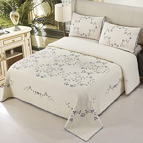 Vctops 3-Piece Elegant Floral Embroidered Bedspread Coverlet Set Oversize Queen 100% Cotton Reversible Patchwork 1 Quilt And 2 Pillow Shams (Flower B,Oversize Queen) #TOP14