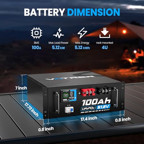Image of 51.2V 100AH Lithium LiFePO4 Battery (6 Pack), Built-in 100A BMS, with Touchable Display & APP, Max. 5.12KW Power Output, Included 58.4V 20A Battery Charger, Perfect for Solar System & Off-Grid