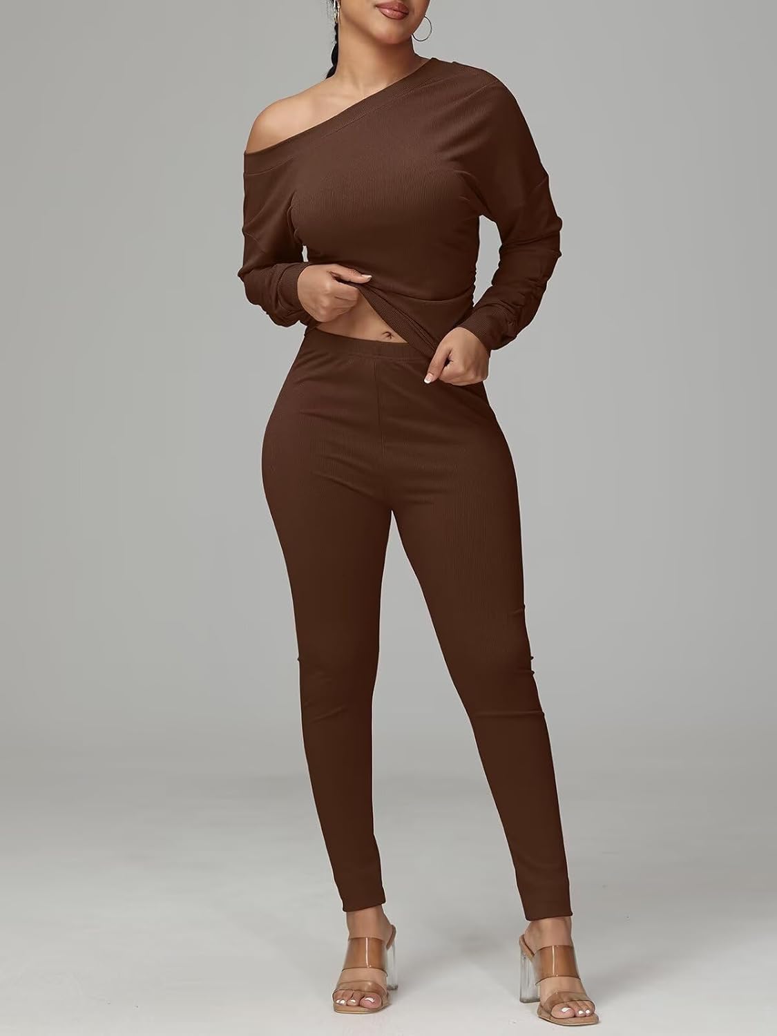 Sexy 2 Piece Outfits for Women One Off Shoulder Tops Ribbed Pant Set Tracksuit Clubwear - Image 6