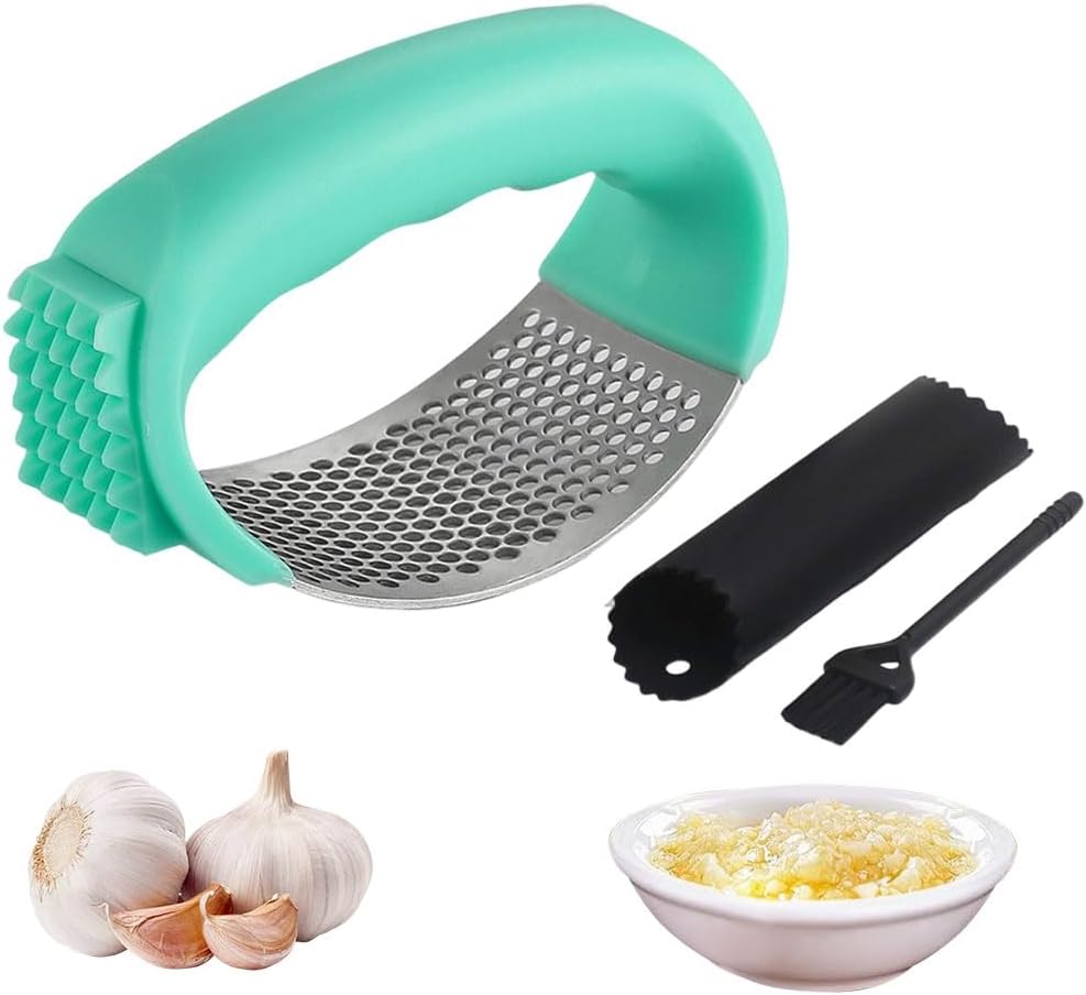 Balancín de prensa de ajo, prensa de ajo de acero inoxidable 2025, trituradora de ajo con pelador y cepillo de limpieza, picadora de ajo para