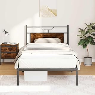 vidaXL Single Bed Frame with Headboard in Smoked Oak 39.4 x 74.8 in Engineered Wood Modern Design Durable Indoor Furniture Bedroom Bedstead Base Slatted Metal