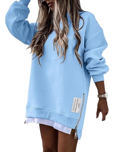 CHICME Womens Long Sleeve Zipper Slit Oversized Sweatshirt 2025 Casual Pullover Zipper Hoodies Fall Clothes - Medium - Sky Blue