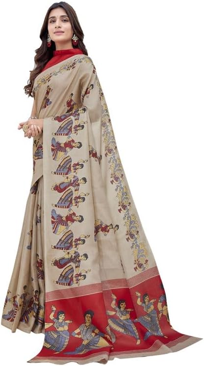 KjsWomen's Khaadhi Cotton Blended Kalamkari Printed Saree | Beautiful Blend of Tradition and Style | Printed Saree with Running Blouse | Kathak Chiku
